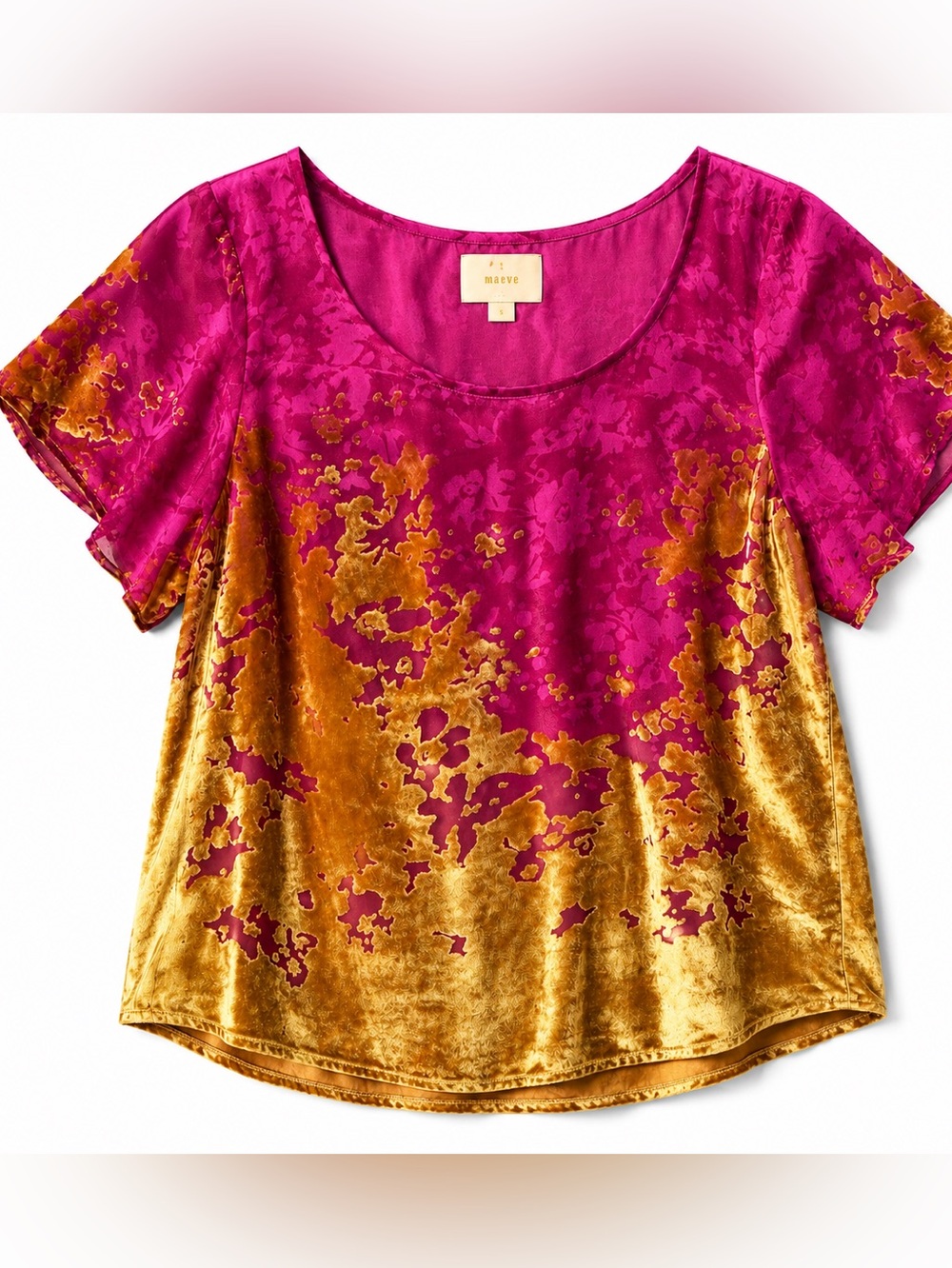 Maeve Anthropologie Velvet Burnout Silk Blend Blouse Pink Gold Boho S